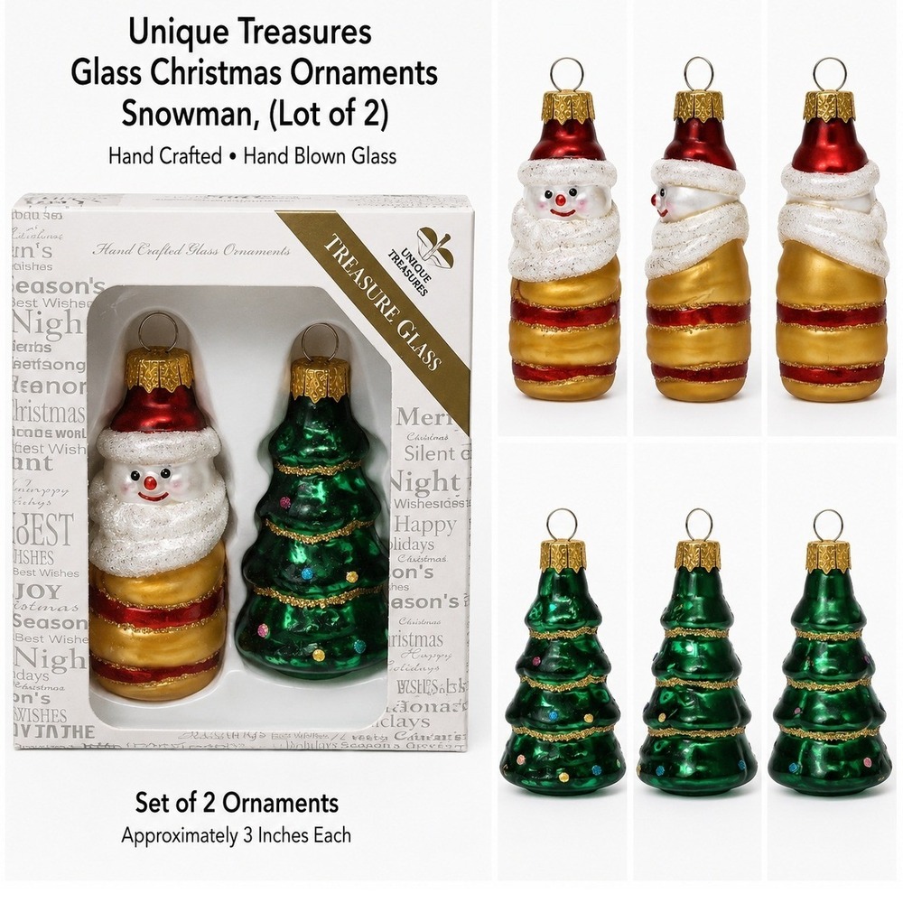 Unique Treasures Glass Christmas Ornaments Snowman Tree Set of 2 Hand Blown 3 in